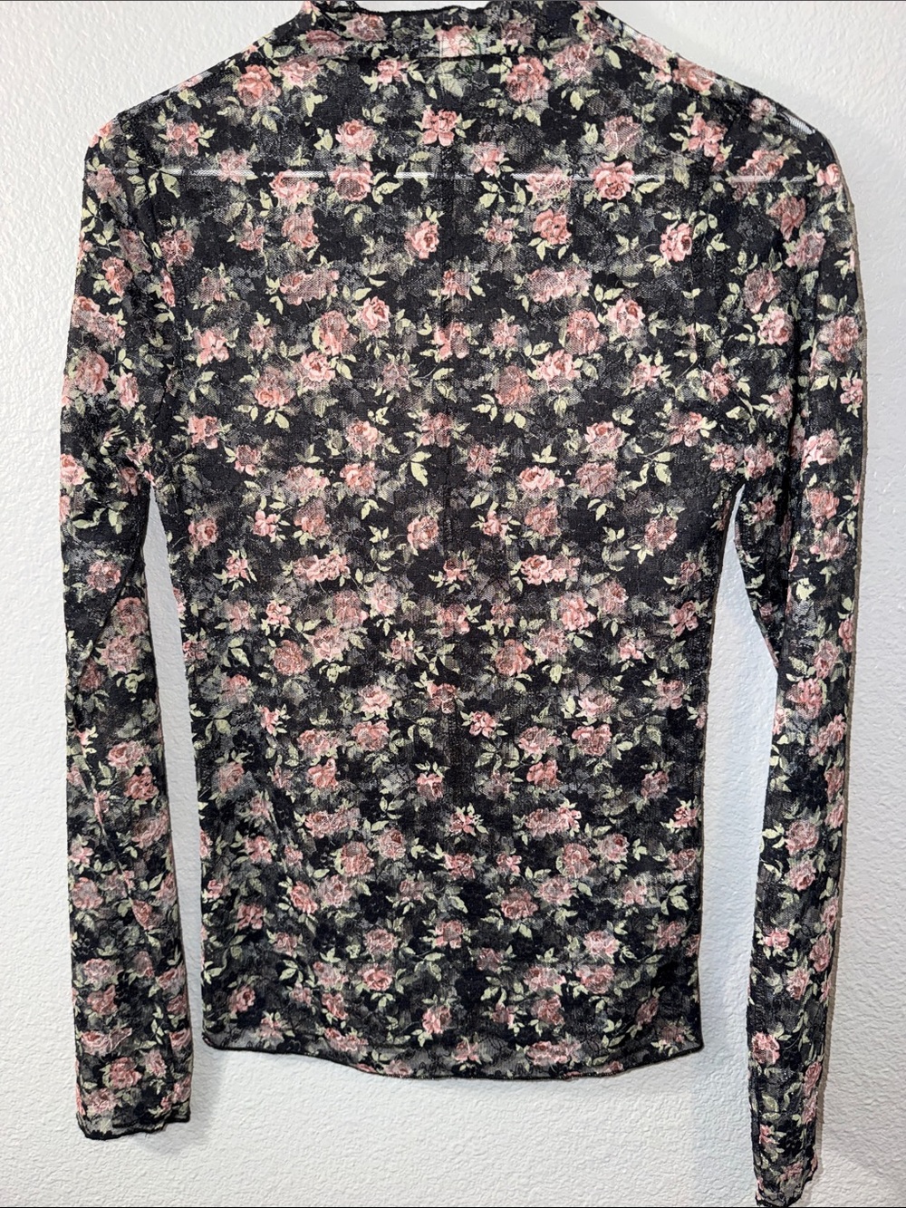 Floral Long-Sleeve Mesh Top - Pink Floral on Black